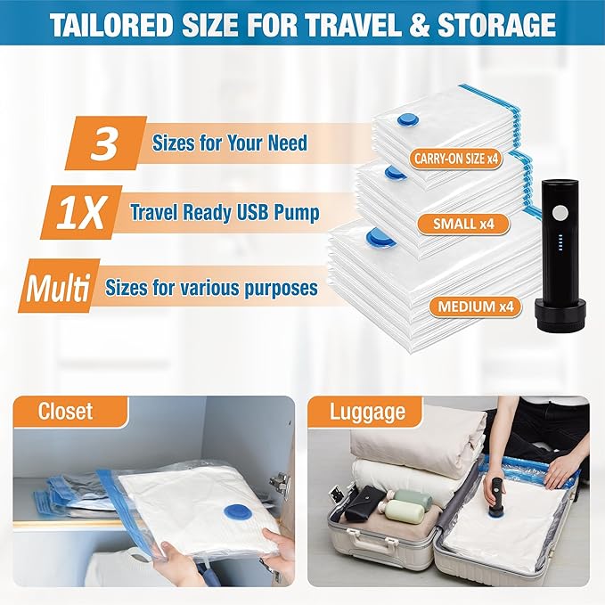Travel Vacuum Storage Bags with Electric Pump, 12 Combo Travel Packing Bags for Luggage and Suitcase, Carry-on Size Compression Space Saver for Clothes and Clothing