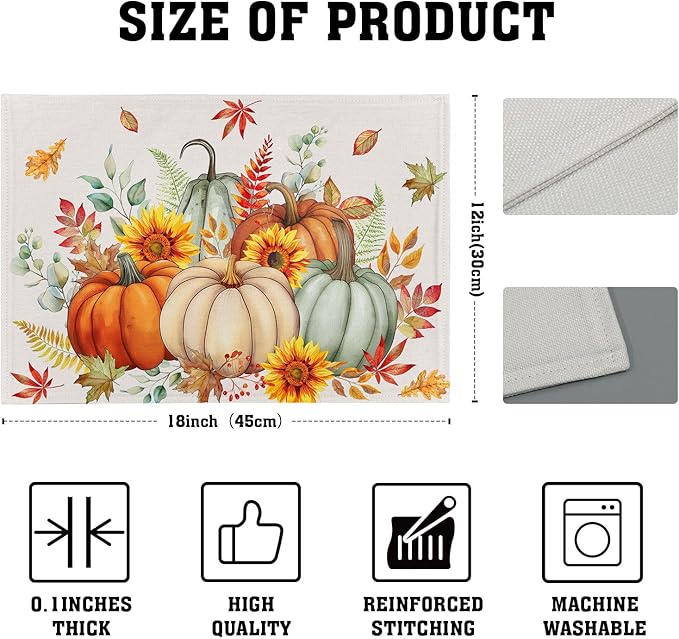 Pumpkins Maple Leaves Placemats Set of 4 Sunflowers Autumn Thanksgiving Table Mats 12 x 18 Inch Farmhouse Decoration for Party Dining Kitchen