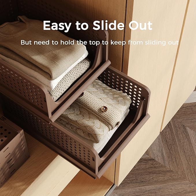 Pinkpum 4 Pack Folding Closet Organizers Storage Box, Stackable Plastic Drawer Basket for Clothing, Stackable Storage Bins Shelf Storage Container for Closet Wardrobe Bedroom Bathroom Office (Toffee)