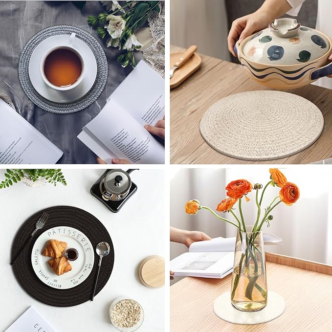 Round Placemats Set of 6, Cotton Rope Woven Table Mats, Hot Pads for Kitchen, Non Slip Heat Resistant Place Mats, 13 Inches Braided Placemat for Farmhouse Decor and Kitchen Table Decor (Beige Line)