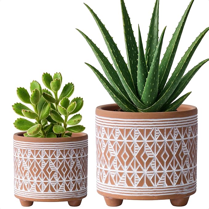 D'vine Dev Set of 2 Terracotta Planter Pots, 4 Inch & 6 Inch, Design Plants Pot with Drainage Hole, Savanna Weave, Terracotta/White, 31-953-G-1
