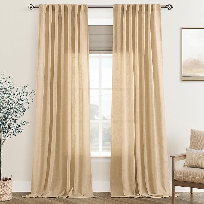 Tan Linen Curtains 108 inches Long for Living Room Back Tab Rustic Farmhouse Semi Sheer Light Filtering Window Curtain Dining Room Soft Thick Flax Linen Textured Drapes Kahki 52x108