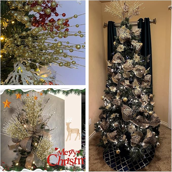 Artificial Glitter Berry Stem Ornaments, Gold Bright Berries Decorative Bead Sticks, Picks Branches Glittery Twigs for Home Christmas Tree Vase Holiday Wedding Party Decor - 17 Inch Golden 10 Pack