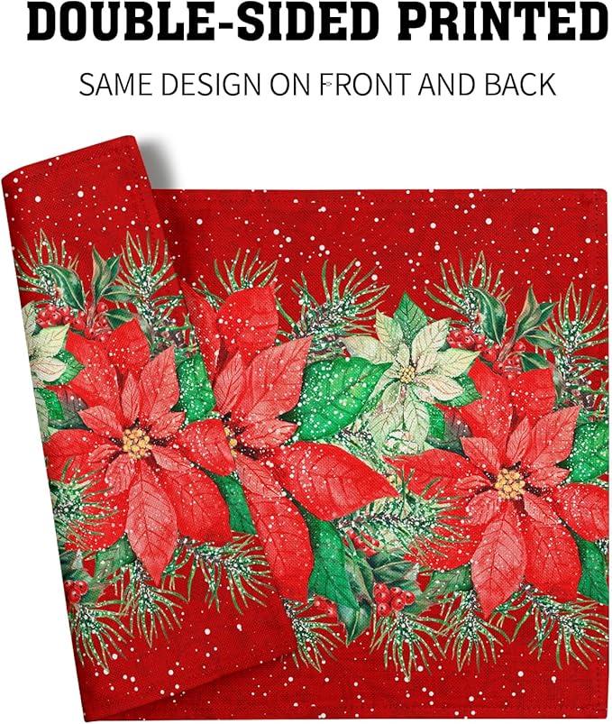 Red Poinsettias Placemats for Dining Table Set of 4, 12 x 18 Inch Red White Floral Xmas Tabletop Mats Red Rectangle Table Mat for Winter Holiday Party Kitchen Table Decor