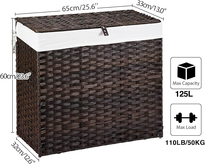 Greenstell Laundry Hamper with Lid, 125L Large Clothes Hamper with 3 Section & 2 Section Removable Liner Bags & 5 Mesh Laundry Bags, Handwoven Synthetic Rattan Divided Laundry Basket, Brown