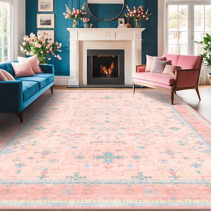 Washable Pink and Blue 6x9 Oushak Rugs for Bedroom Girls, Living Room Kids Playroom Nursery Room, Modern Floral Distressed Design, Soft Faux Wool Low Pile Non Slip Stain Resistance Carpet