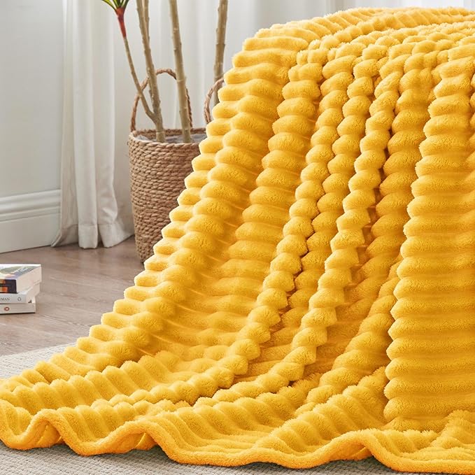 BEDELITE Blankets Queen Size for Bed, 300GSM Soft & Warm Fleece Blanket, Decorative and Giftable Striped Light Yellow Blankets for Women, Men, 90"x90"