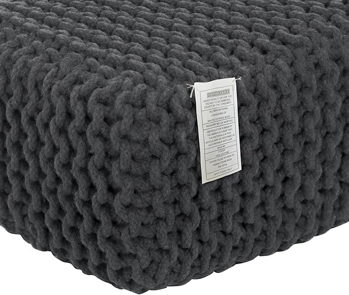 COTTON CRAFT Braided Footrest - Handknitted Cotton Cord Dori Foot Stool Ottoman - Low Floor Pouf - Lightweight Portable - Small Spaces Living Room Bedroom Entryway Under Desk - 14 x 8 Square - Grey