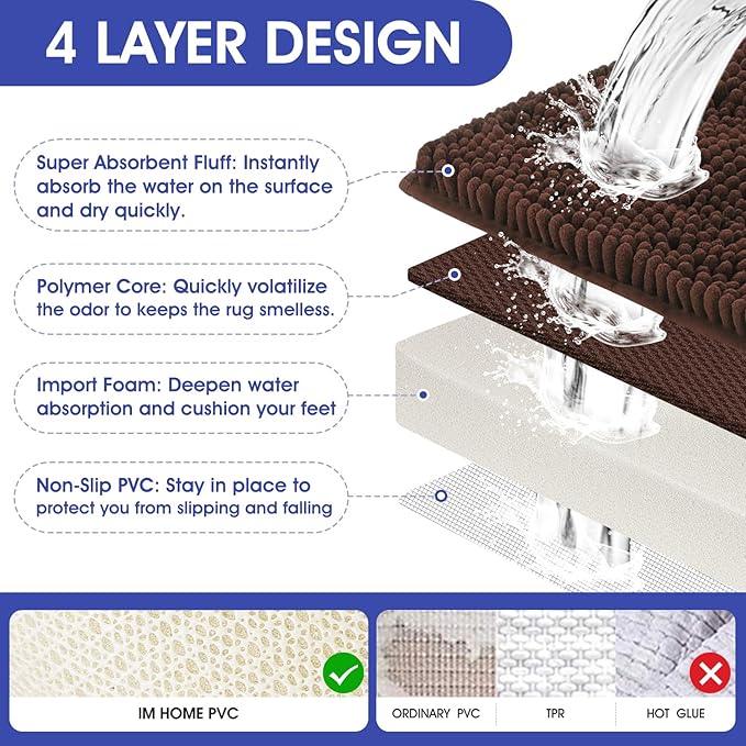 ACCUMTEK Striped Brown Bathroom Rug Mat 32"x20" Ultra Soft, Non Slip Chenille Bath Rugs, Absorbent Plush Shaggy Bath Mats for Bathroom, Bedroom, Kitchen, Shower, Tub
