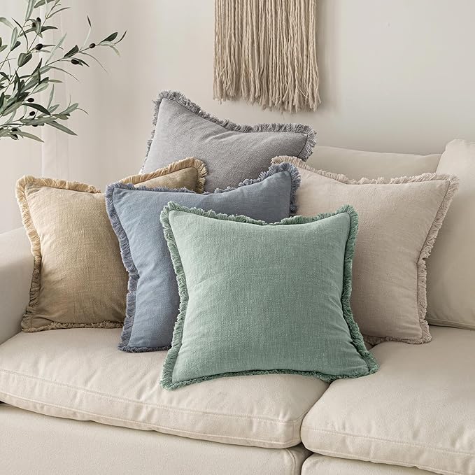 MIULEE Decorative Throw Pillow Covers Neutral Linen Fringe Throw Pillows Set of 2 Aqua Green Boho Farmhouse Cushion Covers with Tassels for Couch Sofa Bed Living Room Spring Home Decor 18x18 Inch