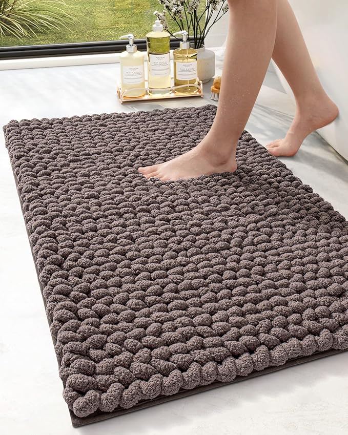 DEXI Bathroom Rugs 17x30, Non Slip Washable Bath Mat, Luxury Chenille Super Absorbent Thick Bathmats for Shower Floor, Plush Fluffy Shaggy Carpet for Tub, Brown