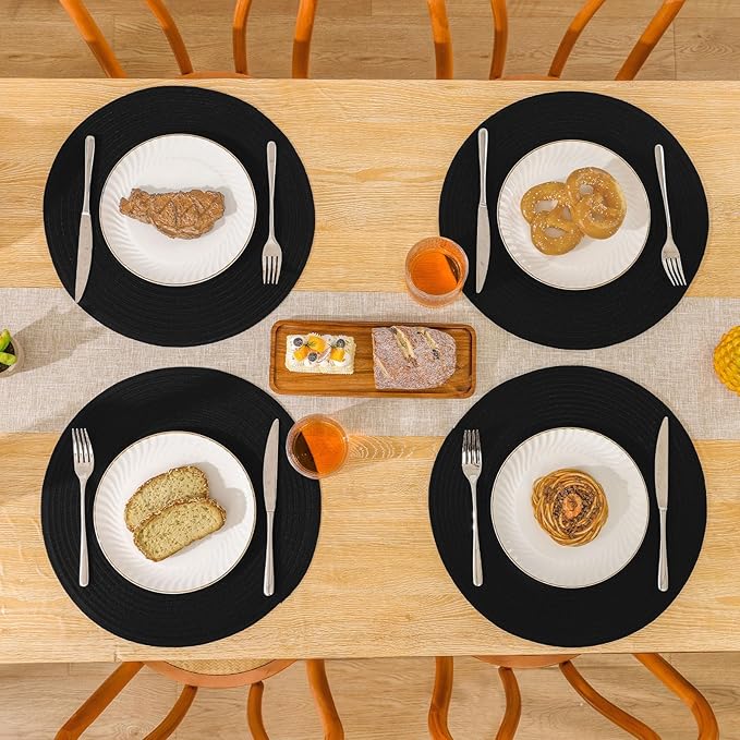 SHACOS Round Braided Placemats Set of 4 Heavy Cotton Polyester Washable Round Table Mats for Dining Tables 15 inch Non Slip Heat Resistant (Black, 4)