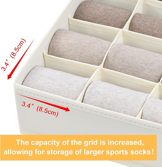 Joyoldelf Sock Drawer Organizer Divider Underwear Organizer 16-cell Fabric Dresser Drawer Organizers Storage Boxes for Socks Lingerie, Handkerchiefs, Ties 4 Pack (Beige)