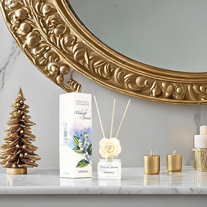 Aronica Jasmine Gold and White Bathroom Decor for Small Home, Flower Reed Diffuser for Bathroom, Inciensos Aromaticos para La Casa, Air Freshener Oil Sticks with Holder