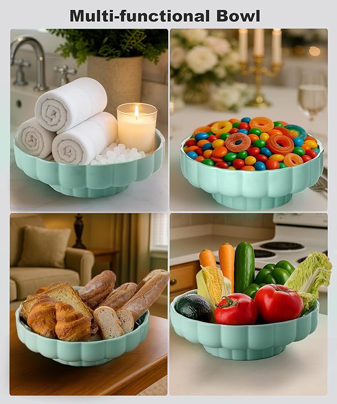 Nucookery Ceramic Petal Fruit Bowl for Kitchen Counter, 11 Inch Modern Decorative Bowl, Elegant Fruit & Vegetable Storage Container, Large Bread Basket, Mint Green