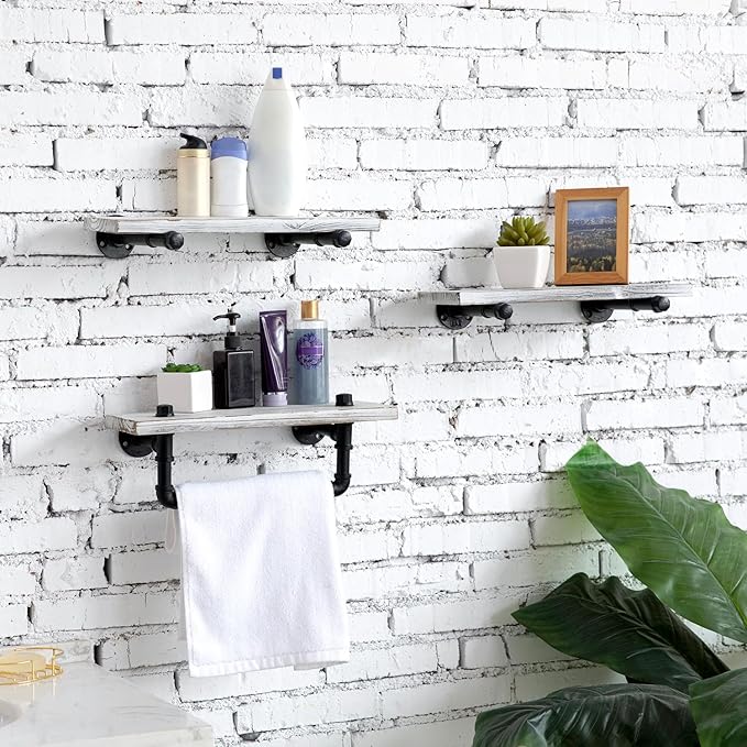 MyGift Wall Mounted White Washed Solid Wood Floating Shelf Organizer, 3 Piece Set Mounted Bathroom Display Shelf with Towel Bar and Industrial Metal Pipe Brackets