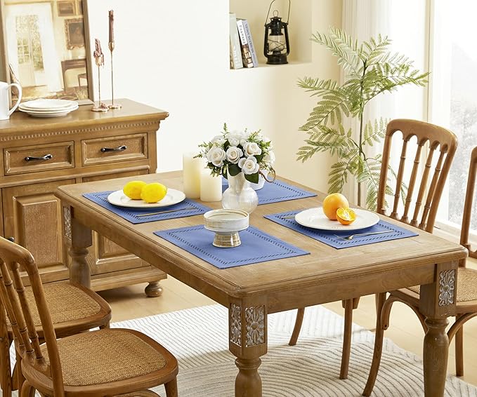 Burlap Placemats Set of 4, 12 x 18 Inch Rustic Geometric Hollow Place Mats, Heat Resistant Placemats for Farmhouse Kitchen Table Decor, Blue 4PCS