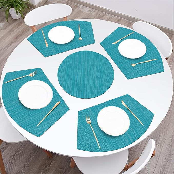 SHACOS Large Size Wedge Placemats with Centerpiece Set of 5, PVC Woven Vinyl Place Mats for Round Table Washable Indoor Outdoor Table Placemats, Blue