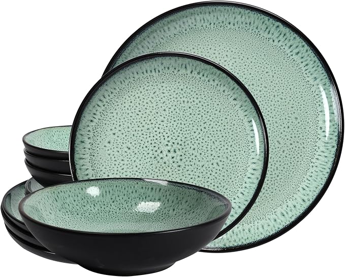 Tudor 6-Piece Dinnerware Set,Service for 2,Green, Reactive Glaze Dish Set, Plates and Bowls Set,Premium Quality Tableware, Unique Pattern, Glossy