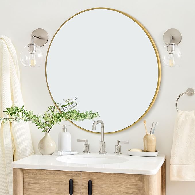 CULER Round Gold Bathroom 30 Inch Mirror,Circle Wall Modern Mirror for Bedroom,Hanging Vanity Tempered Glass Mirrors for Entryway or Living Room
