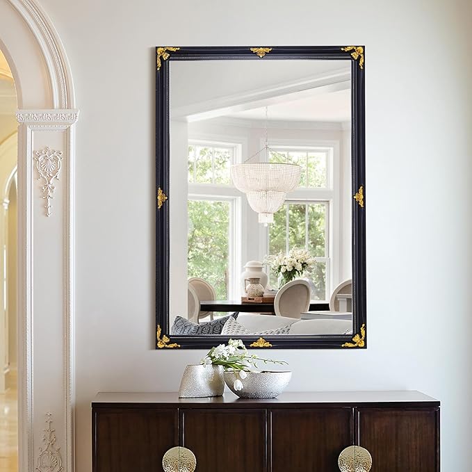 Vintage Mirror Wall Decor, 31" x 19" Black and Gold Decorative Antique Mirror with Ornate Baroque Wood Frame for Bathroom, Entryway, Living Room Over Couch