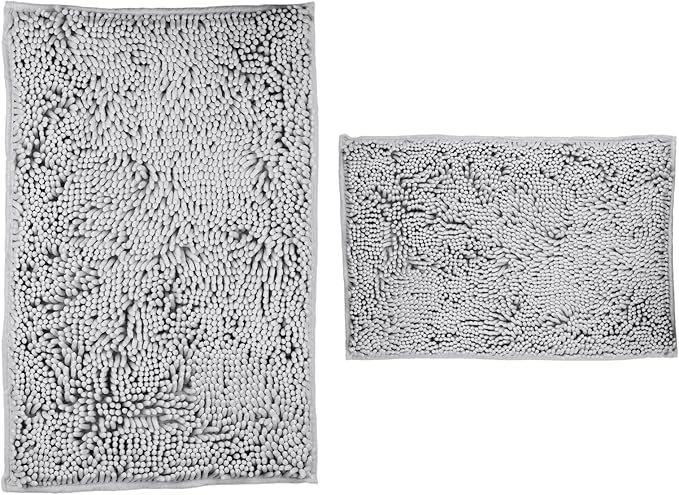Light Gray Bathroom Rugs 2 Pieces Chenille Bath Rug Mat, Extra Thick and Soft Absorbent Bath Rugs, Machine Washable, Non-Slip Plush Bath Mats for Tub, Shower, (Light Gray, 32"x20"+24"x16")