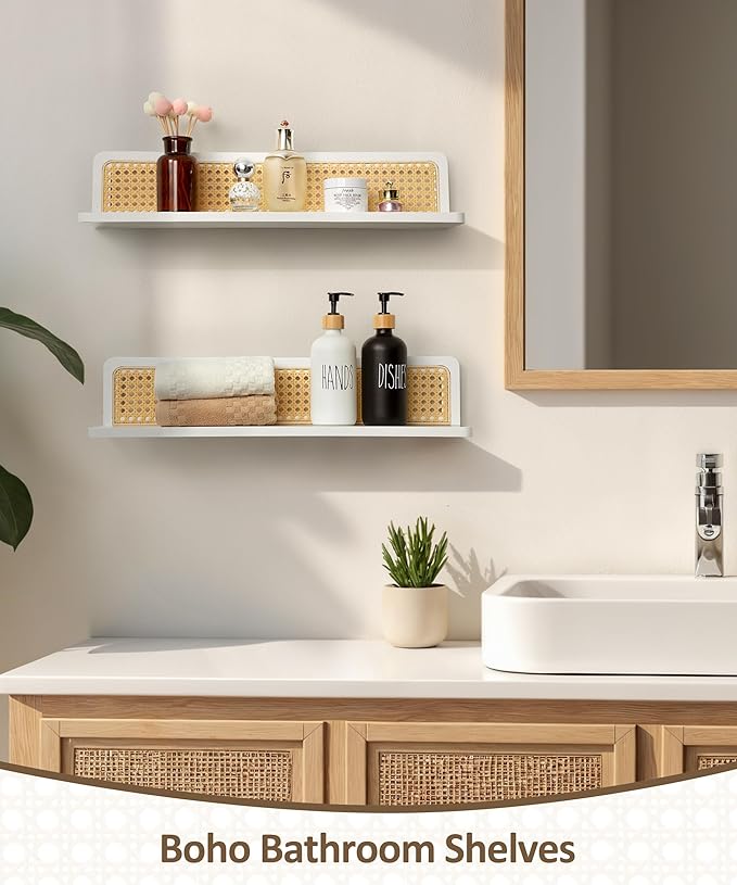 Rattan Floating Shelves, 23.6 Inch Boho Cane Webbing Wall Shelves Farmhouse Display Storage Organizer White Bookshelves Wicker Room Decor for Living Room Bedroom Entryway Hallway, Set of 2