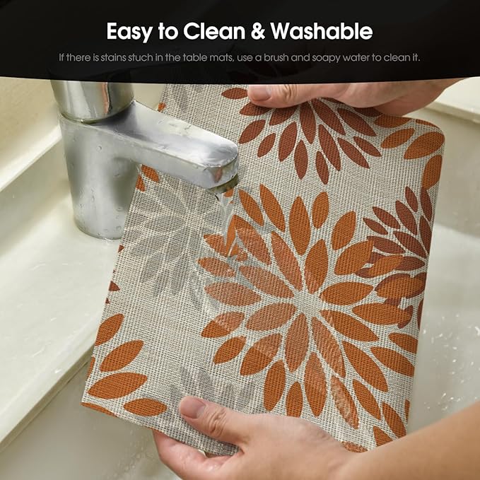 Artoid Mode Floral Vinyl Placemats Set of 6, Heat Resistant Washable Non-Slip Plistic PVC Place Mats for Fall Thanksgiving Party Kitchen Dining Decor, Orange