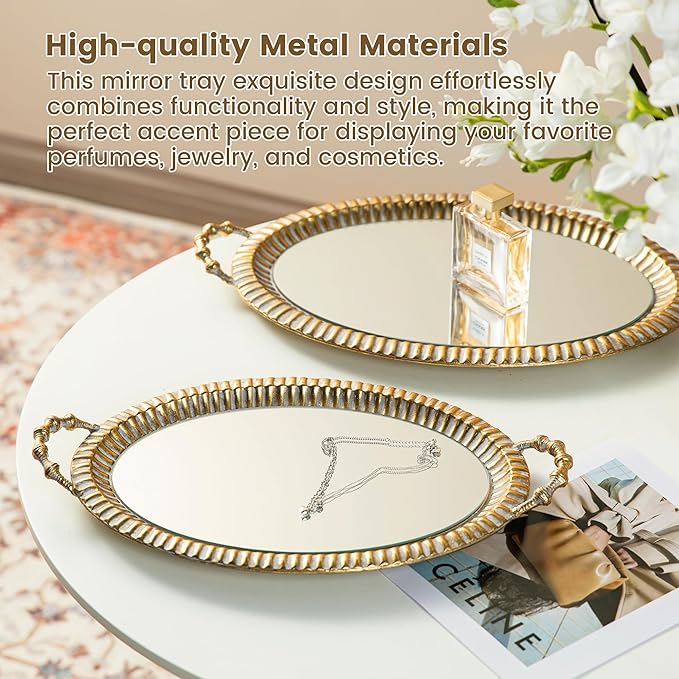 Glitzhome Set of 2 Oversized Vintage Gold Mirror Decorative Trays with Handles, Oval Metal Vanity Jewelry Tray Perfume Dresser Tray, Elegant Jewelry Organizer Makeup Trays