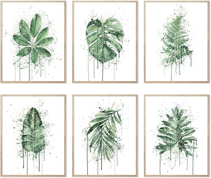HoozGee Sage Green Leaf Poster Watercolour Splash Botanical Plant Wall Art Print Boho Plant Wall Decor Canvas Leaves Prints for Kitchen Bedroom Livingroom Bathroom Wall Decor (8"x10" UNFRAMED)