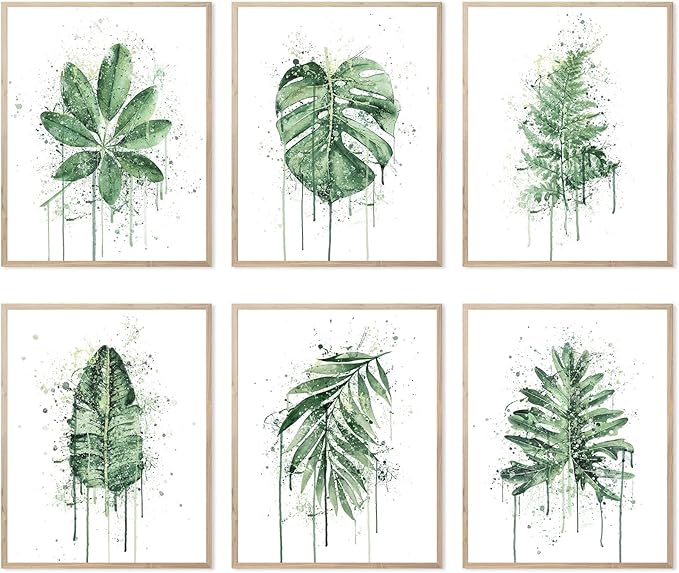 HoozGee Sage Green Leaf Poster Watercolour Splash Botanical Plant Wall Art Print Boho Plant Wall Decor Canvas Leaves Prints for Kitchen Bedroom Livingroom Office Wall Decor (11"x14" UNFRAMED)