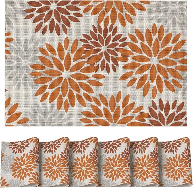 Artoid Mode Floral Vinyl Placemats Set of 6, Heat Resistant Washable Non-Slip Plistic PVC Place Mats for Fall Thanksgiving Party Kitchen Dining Decor, Orange