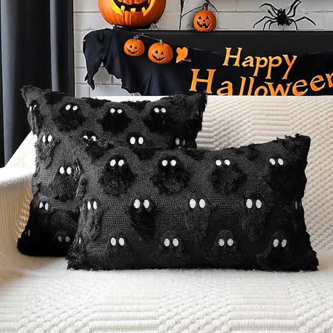 4TH Emotion Halloween Ghost Decorative Pillow Covers 20x20 Set of 2, Black Soft Plush Faux Fur Farmhouse Throw Cushion Cases for Fall Autumn Holiday Home Decorations