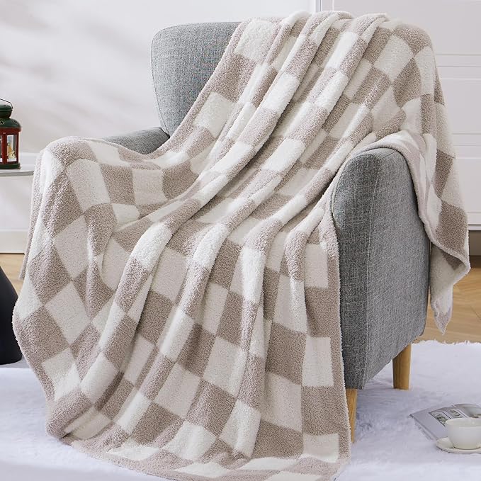 WRENSONGE Checkered Throw Blanket, Taupe Soft Cozy Fluffy Warm Hand Made Throw Blankets for Couch, Sofa, Chair, Bed, Camping, Picnic, Travel Lightweight Bed Blanket - 50"*70"