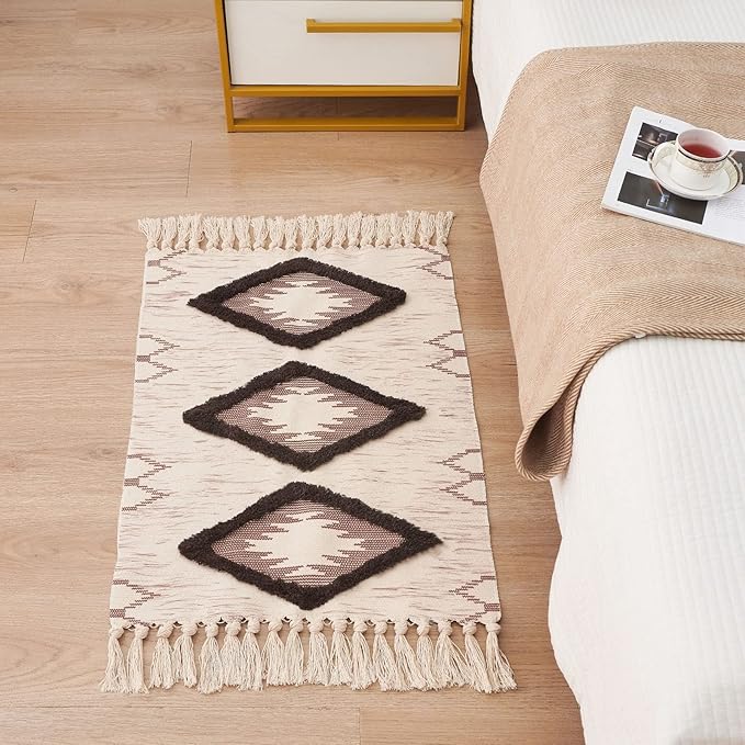 Boho Bathroom Rugs 2x3ft Farmhouse Bath Runner Rug, Small Tufted Cotton Accent Floor Mat with Tassels, Brown