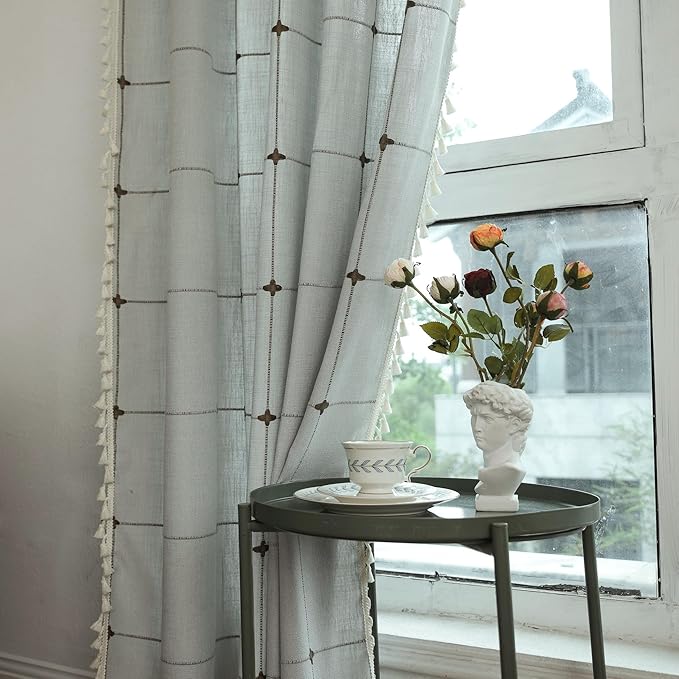 Sutuo Home Boho Curtains for Kitchen Nursery 63 Inch Length, Light Filtering Farmhouse Linen Vintage Chic Tassels Checkered Window Treatment Bohemian Drape for Decor 1 Panel 52" W x 63" L, Cream Grey