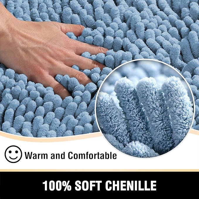 H.VERSAILTEX Bath Mat, Non Slip Luxury Chenille Bathroom Rugs, Extra Soft Absorbent Shaggy Bath Mat Rugs, Washable Fast Dry, 2 Piece (Cool Blue, 24" x 36"/20" x 32")