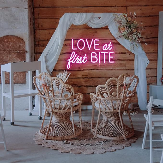 Love At First Bite Neon Sign Led Pink Words Neon Light Sign Wall Art Neon Light For Wedding Light Up Sign For bedroom Bar Pub Party 15.7"X10.2")
