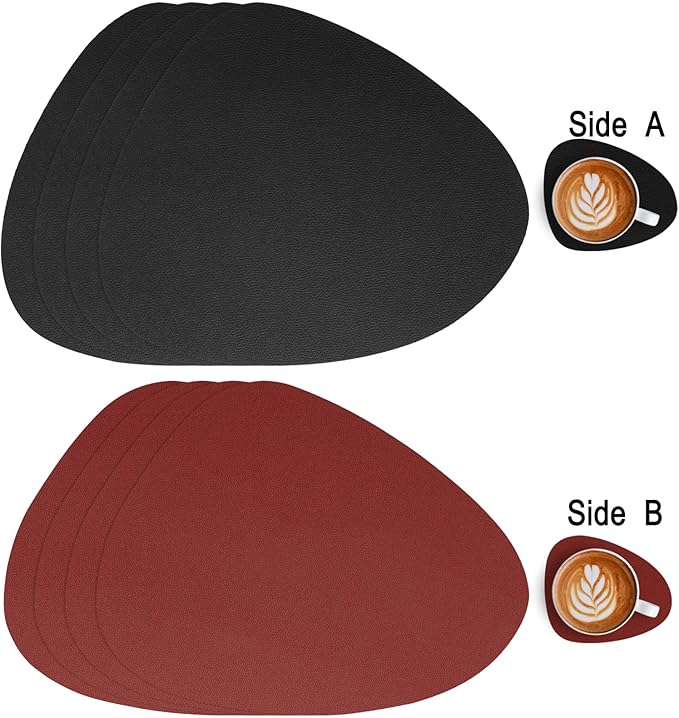 Myir JUN Placemats, Dual-Sided Placemats Waterproof Faux Leather Placemats Set of 6 Place Mats and Coasters Non-Slip Washable Table Mats for Dining Table (Red Black, Set of 6)