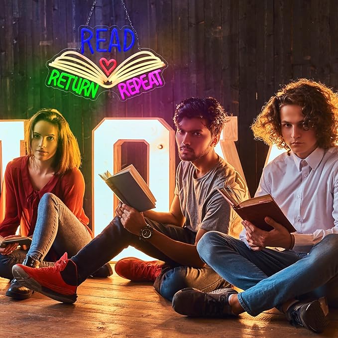 Retisee 15.8 x 10 Inches Neon Sign Read Return Repeat Book Library Decor Gifts LED Sign for Library Wall Book Themed Room Book Lover Room Reading Room Decor(Read)