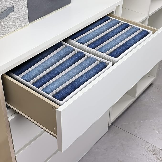 Clothes Organizers and Storage - Fabric Jeans Organizer with Handles, Foldable Drawer Dividers for Clothes, Closet Shelf Organizer for Shirts, Bra, Sweater, Scarf, 4 Pack, Arrow
