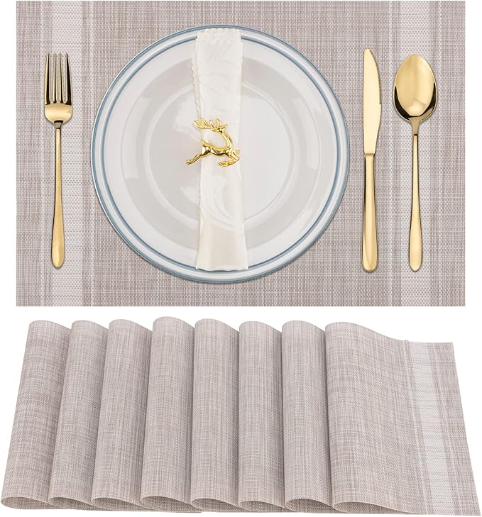 Winknowl Placemats, Set of 8 Heat Resistant Stain Resistant Non-Slip Woven Vinyl Insulation Placemats, Washable Durable Elegant Table Mats for Dining (Beige White)