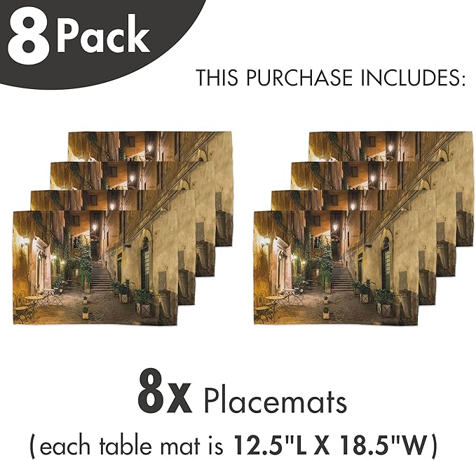 Ambesonne Italian Place Mats Set of 8, Old Courtyard Rome Italy Cafe Chairs City Historic Houses in Street, Washable Fabric Placemats for Dining Table, Placemat 8 pcs, Orange Brown