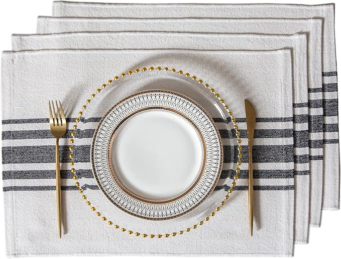 Placemats Set of 4 for Dining Table, Woven Cloth Place Mats for Kitchen Tabletop Décor, Handcrafted Machine Washable Cotton Table mats 13 x 19 Inch, Black and Beige