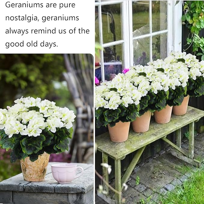 2 Pcs Artificial Geraniums for Outdoor Silk Geranium Flowers White Artificial Geranium Bush Faux Flowers Geraniums Branch for Garden Patio Grave Cemetary Vase Table Centerpiece Indoor Decor