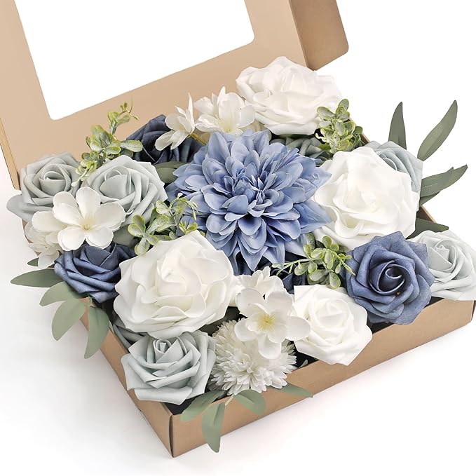 MISSPIN Artificial Flowers DIY Box Set Fake Roses Bouquet Bridal Wedding Flowers Colorful Centerpiece Table Decorations Boho Faux Floral with Stems Arrangements for Cake Home Party Indoor Outdoor