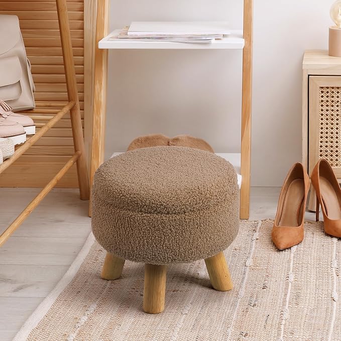 Ottoman Foot Rest, Small Round Ottoman with Storage, Boucle Teddy Velvet Footstool with Wood Legs, Soft Sponge Storage Ottoman for Living Room, Bedroom, Couch, Enterway (Camel Brown)
