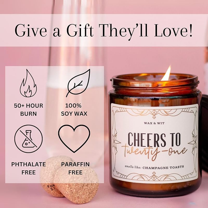 Wax & Wit 21st Birthday Gifts for Her, Happy Birthday Candles - Scented with Champagne Bubbles - 21 Year Old Gift Ideas – 9oz, Soy Wax, 50 Hour Burn, Premium Candle