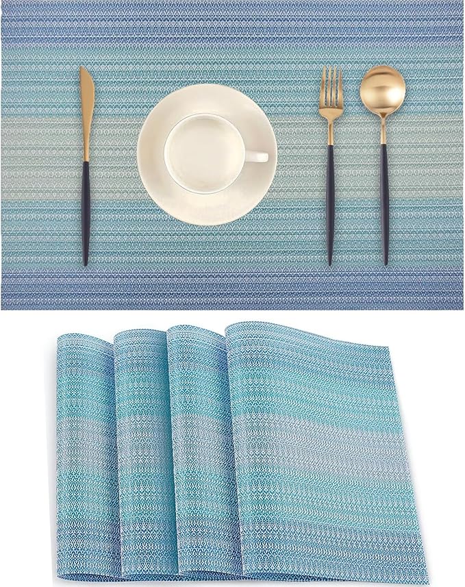 Blue Placemats Set of 4 - Heat Resistant Non-Slip Place mats for Dining Table, Washable Durable PVC Vinyl Woven Table Mats (Blue, 4)