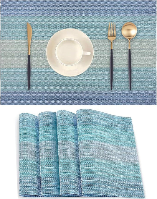 Blue Placemats Set of 4 - Heat Resistant Non-Slip Place mats for Dining Table, Washable Durable PVC Vinyl Woven Table Mats (Blue, 4)